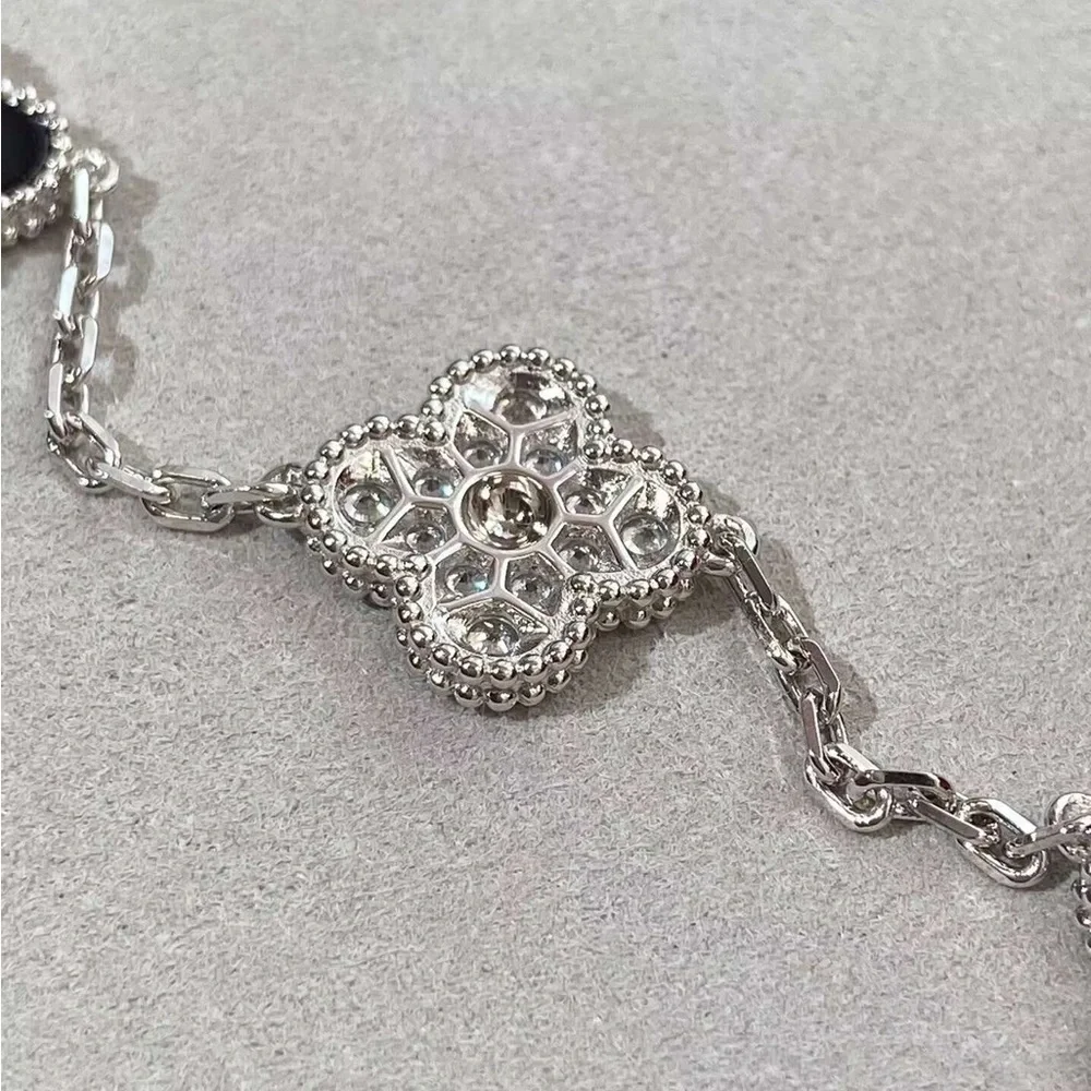 Silver Clover Link Bracelet with Black Onyx and Pave Accents - Picture 6 of 6